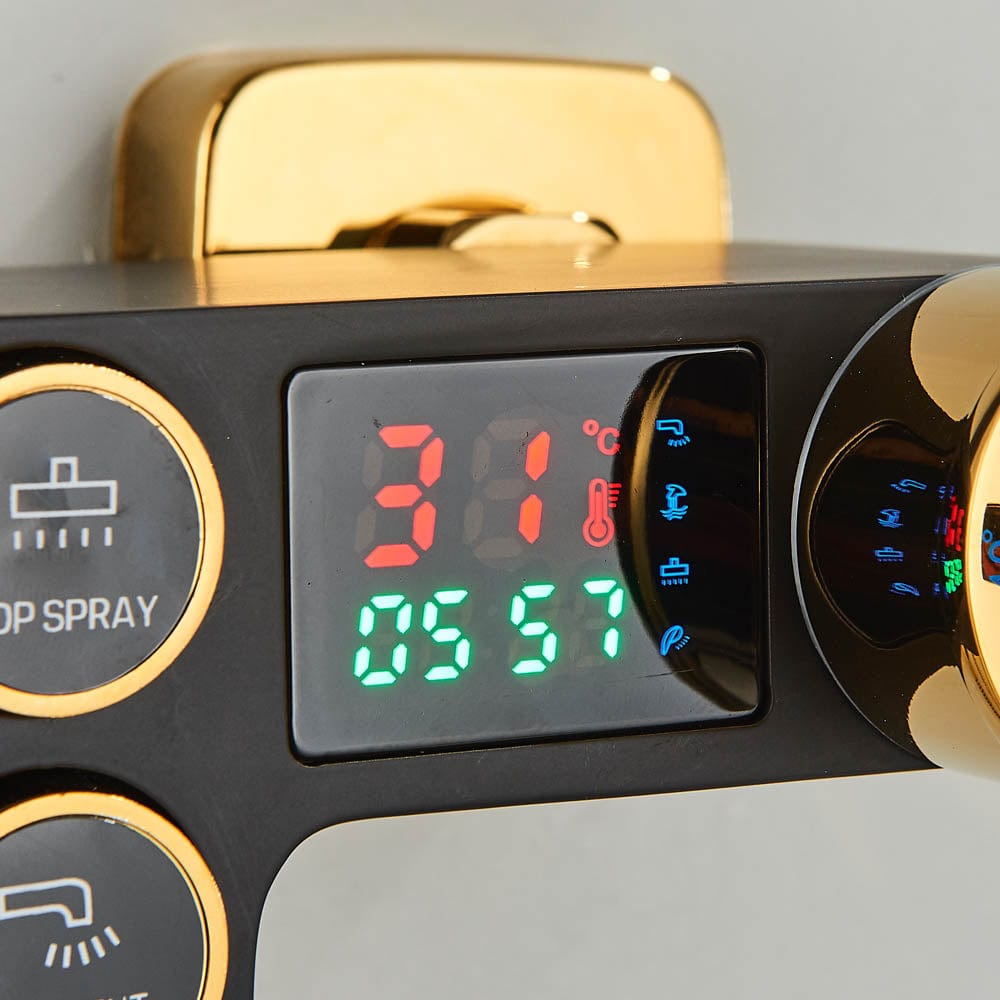 Coloana Dus cu termostat si afisaj de temperatura, negru cu auriu, cu efect de ploaie, 6 functii de curgere