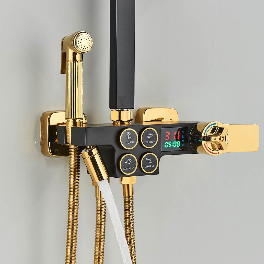 Coloana Dus cu termostat si afisaj de temperatura, negru cu auriu, cu efect de ploaie, 6 functii de curgere