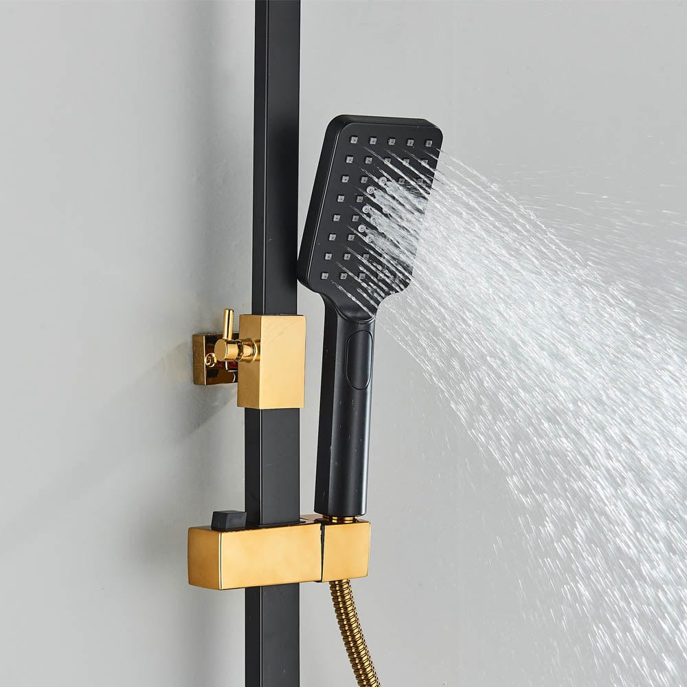 Coloana Dus cu termostat si afisaj de temperatura, negru cu auriu, cu efect de ploaie, 6 functii de curgere