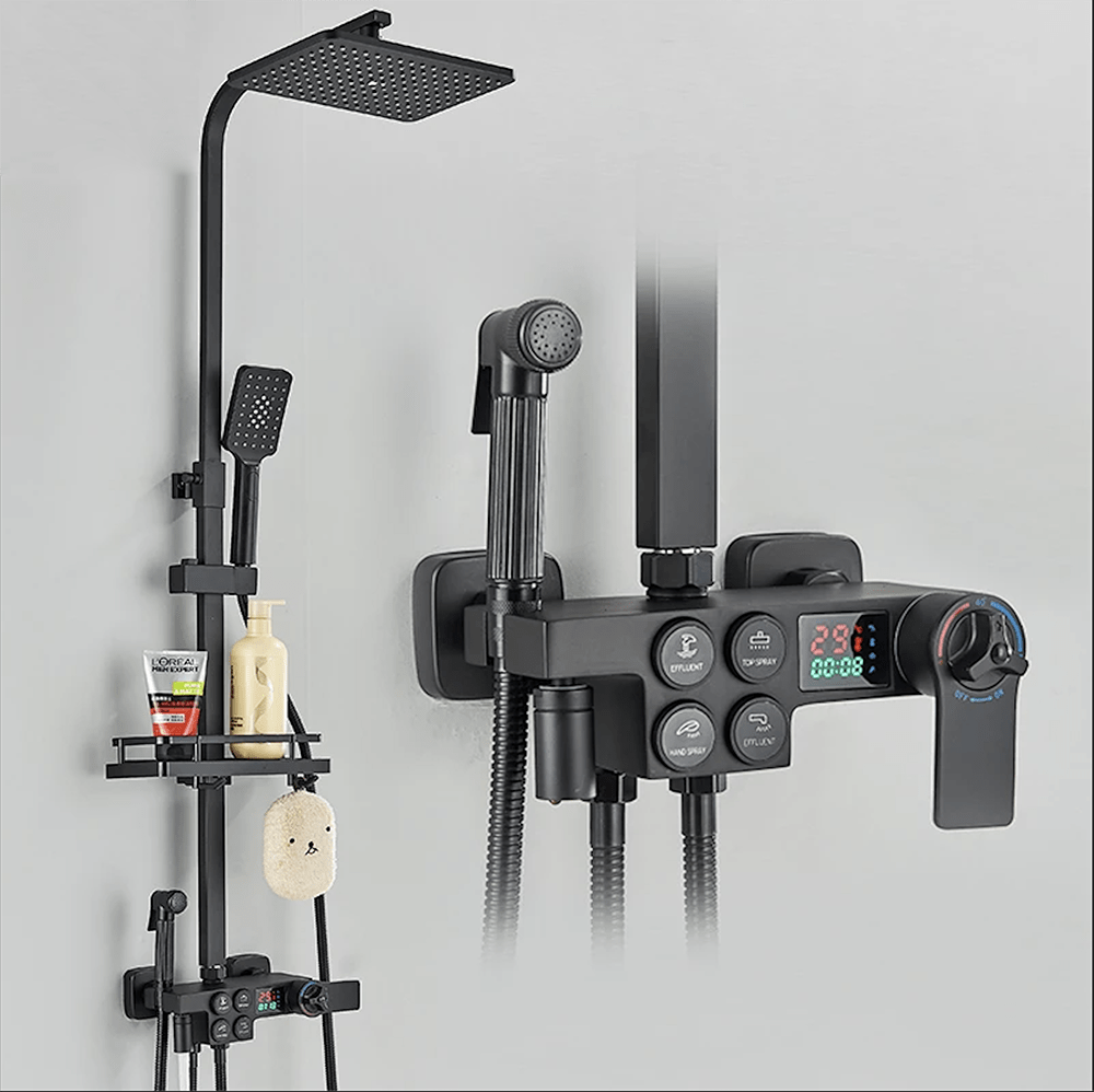 Coloana Dus cu termostat si afisaj de temperatura, negru mat, cu efect de ploaie, 6 functii de curgere