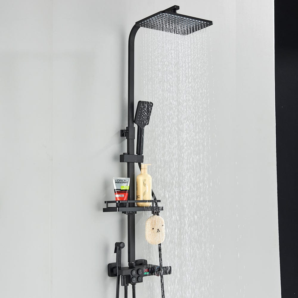 Coloana Dus cu termostat si afisaj de temperatura, negru mat, cu efect de ploaie, 6 functii de curgere