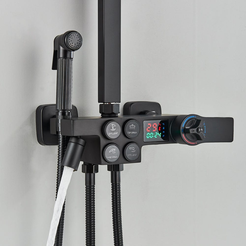 Coloana Dus cu termostat si afisaj de temperatura, negru mat, cu efect de ploaie, 6 functii de curgere