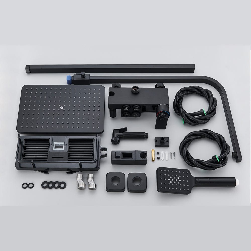 Coloana Dus cu termostat si afisaj de temperatura, negru mat, cu efect de ploaie, 6 functii de curgere