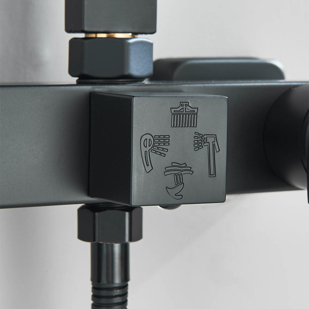 Coloana Dus, negru mat, cu efect de ploaie, para dus 25 cm, 4 functii de curgere