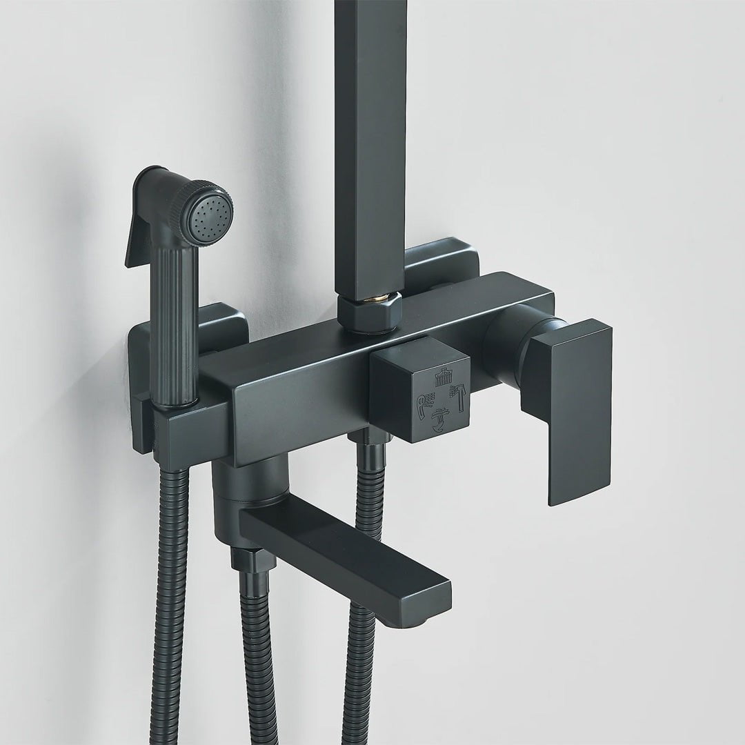 Coloana Dus, negru mat, cu efect de ploaie, para dus 25 cm, 4 functii de curgere