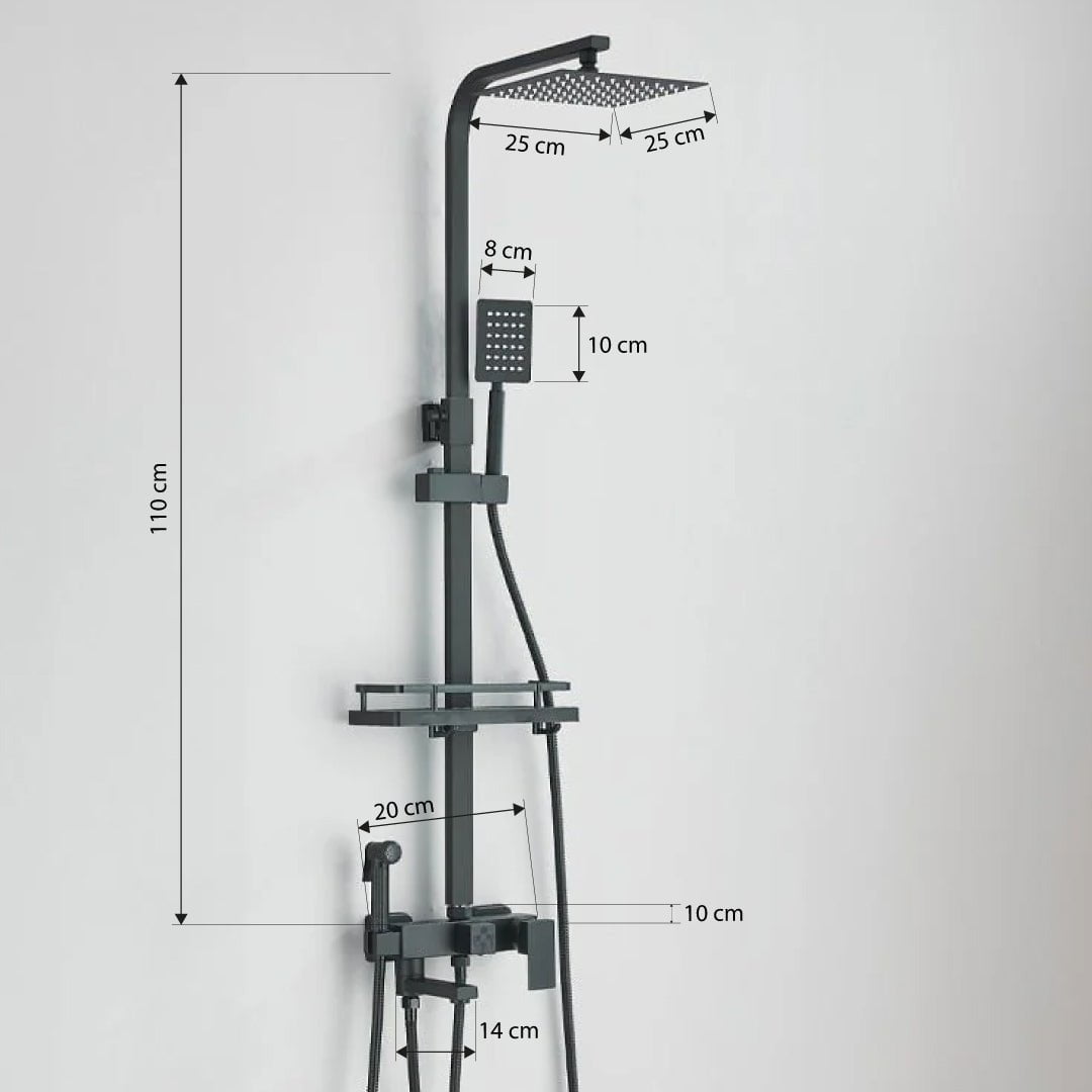Coloana Dus, negru mat, cu efect de ploaie, para dus 25 cm, 4 functii de curgere
