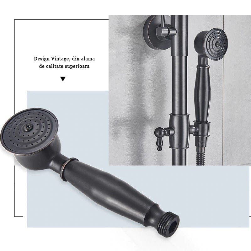 Coloana Dus Venetia, cu para rotunda si efect de ploaie, negru mat cu margini bronz, para ajustabila pe inaltime