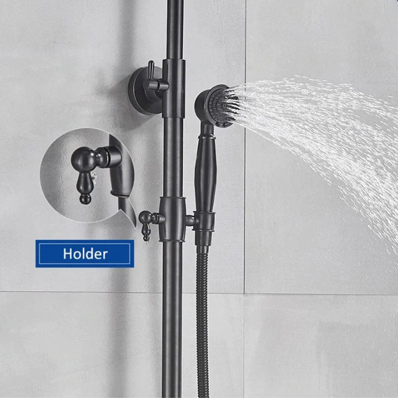 Coloana Dus Venetia, cu para rotunda si efect de ploaie, negru mat cu margini bronz, para ajustabila pe inaltime