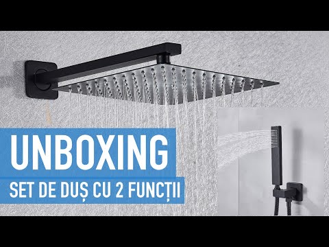 Set de dus cu para patrata de 40 cm, negru mat, cu 2 functii de curgere a apei