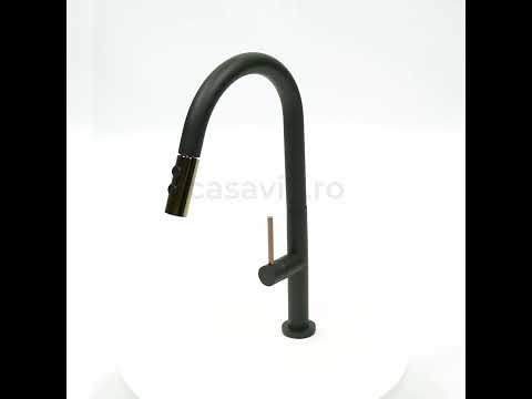 Baterie profesionala de bucatarie, cu dus extractibil, 2 functii de curgere, negru mat cu rose gold