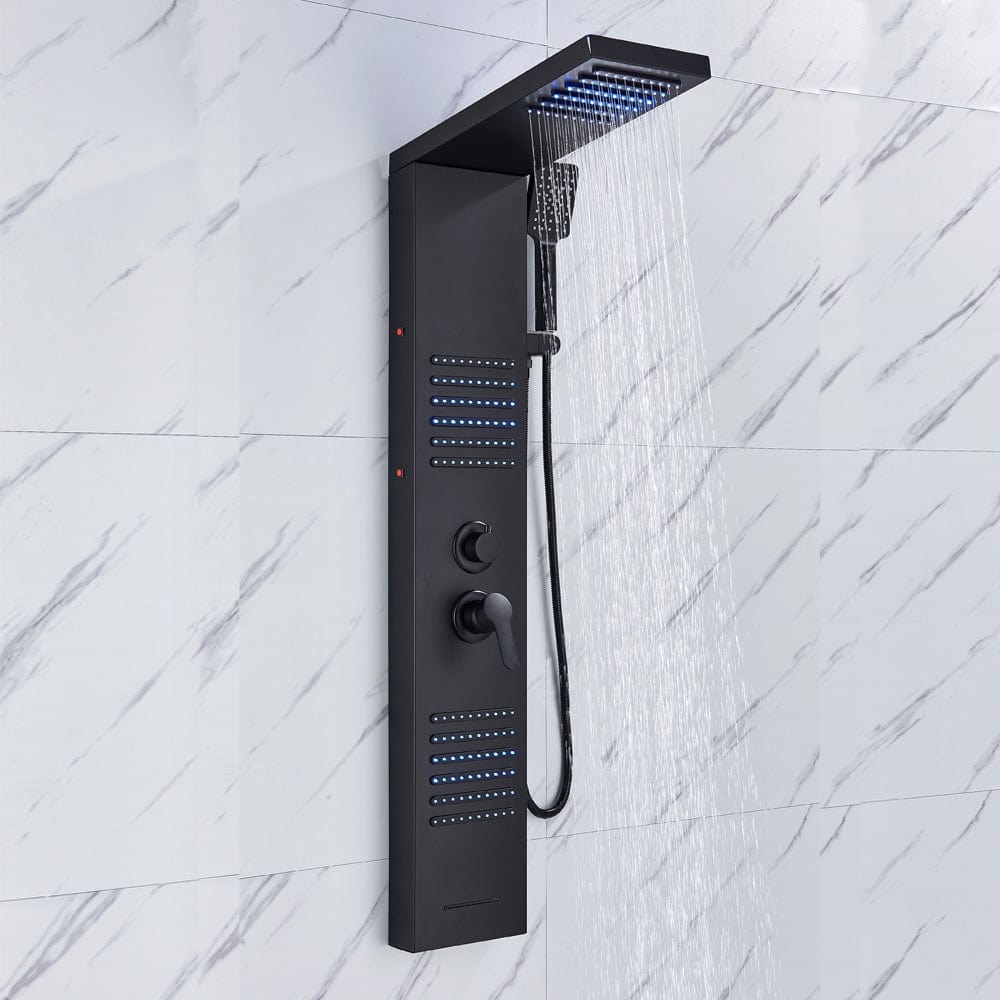 Panel de Dus cu efect de ploaie si jeturi cu masaj, sistem LED, culoare: negru mat, cod: 1554