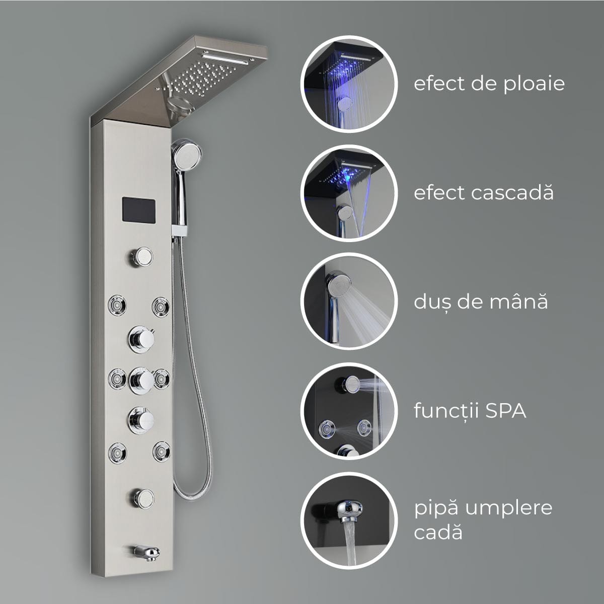 Panel de Dus cu LED 1153, cu efect de ploaie si jeturi cu masaj
