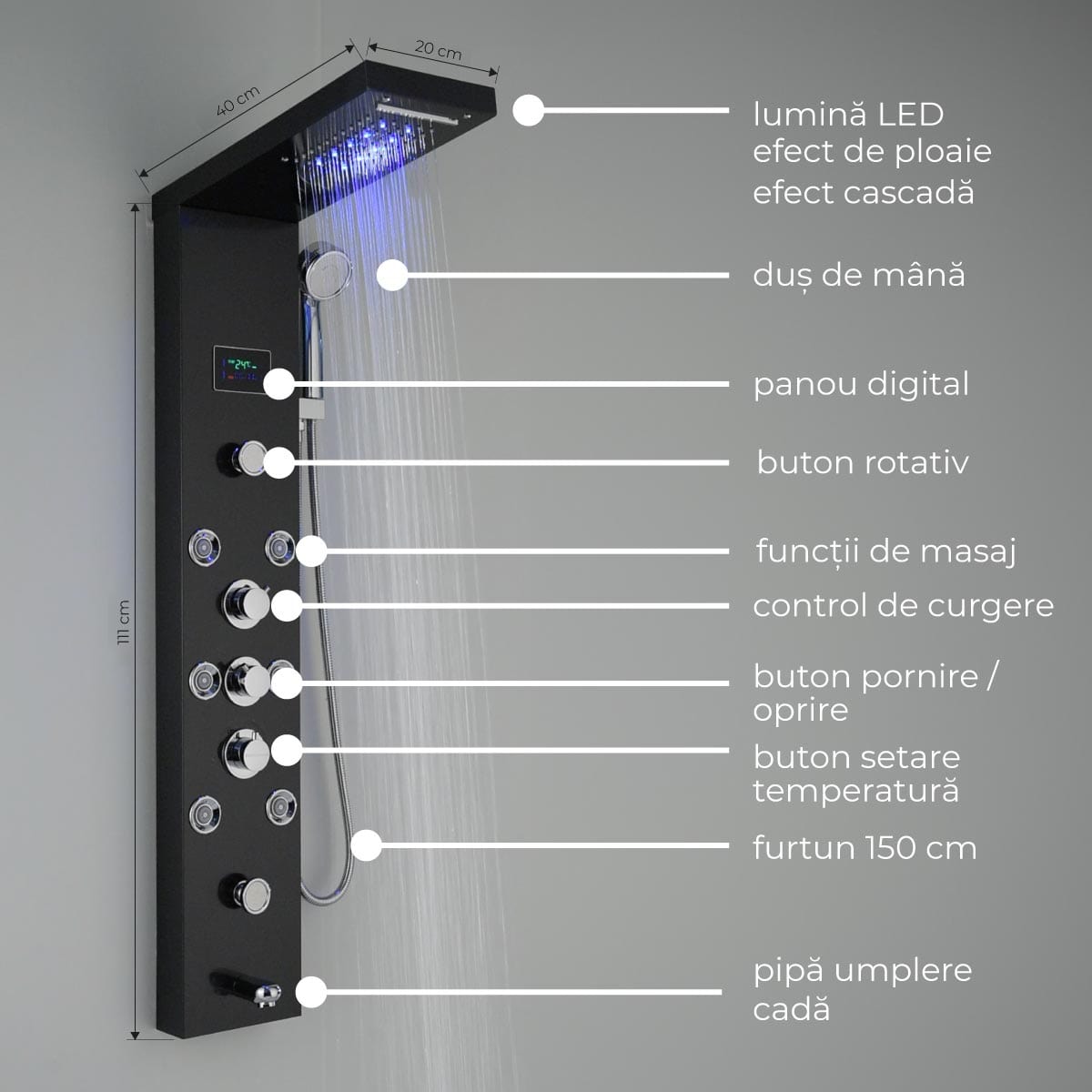 Panel de Dus cu LED 1154, cu efect de ploaie si jeturi cu masaj