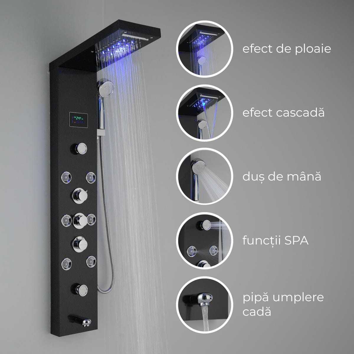 Panel de Dus cu LED 1154, cu efect de ploaie si jeturi cu masaj
