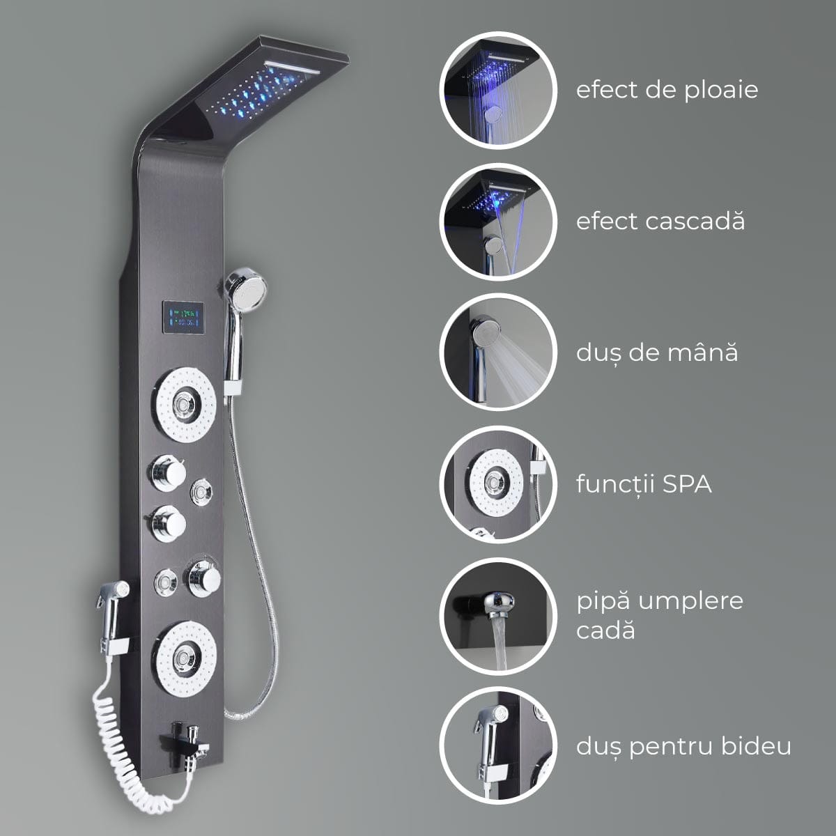 Panel de Dus cu LED 1332, cu efect de ploaie si jeturi cu masaj, 1332