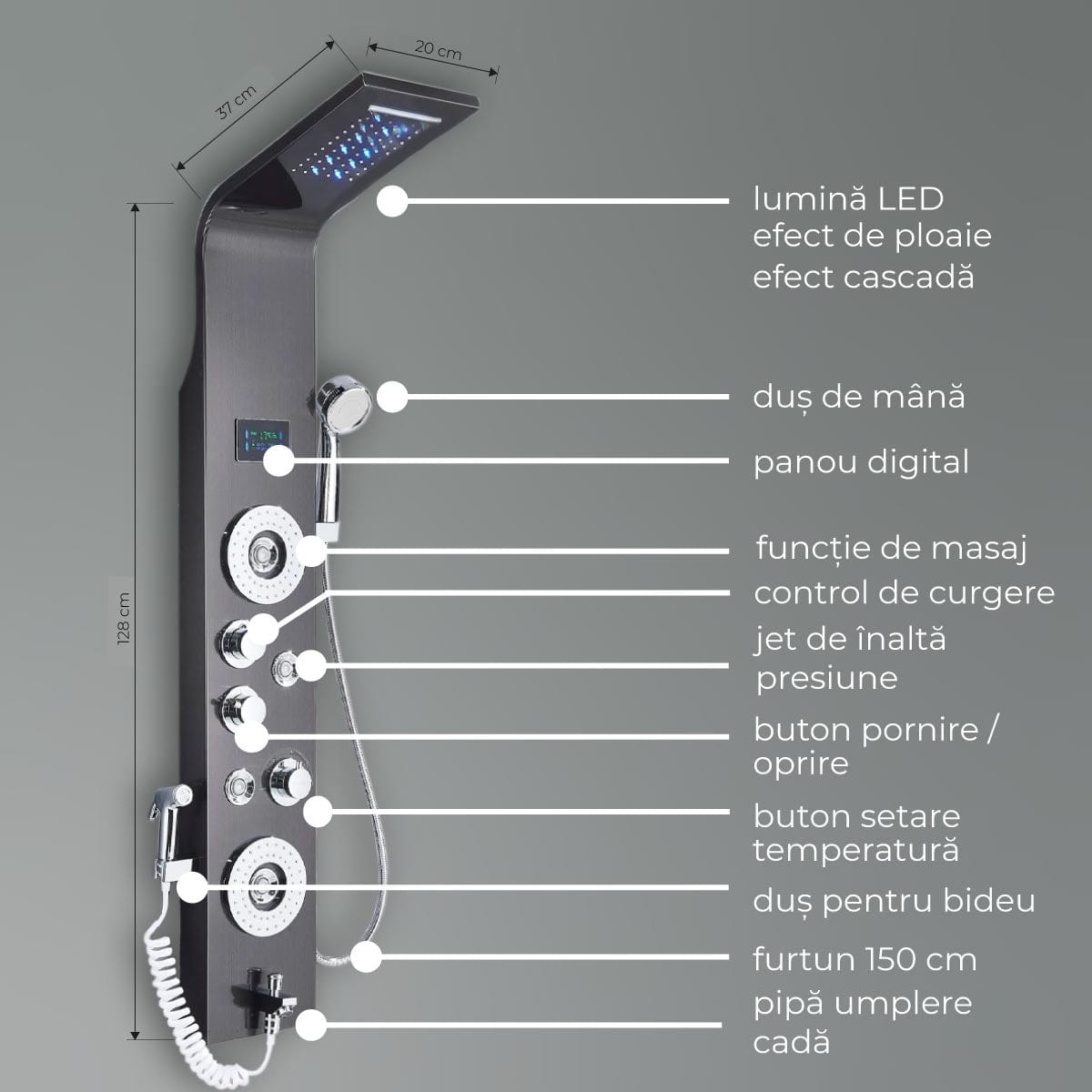 Panel de Dus cu LED 1332, cu efect de ploaie si jeturi cu masaj, 1332