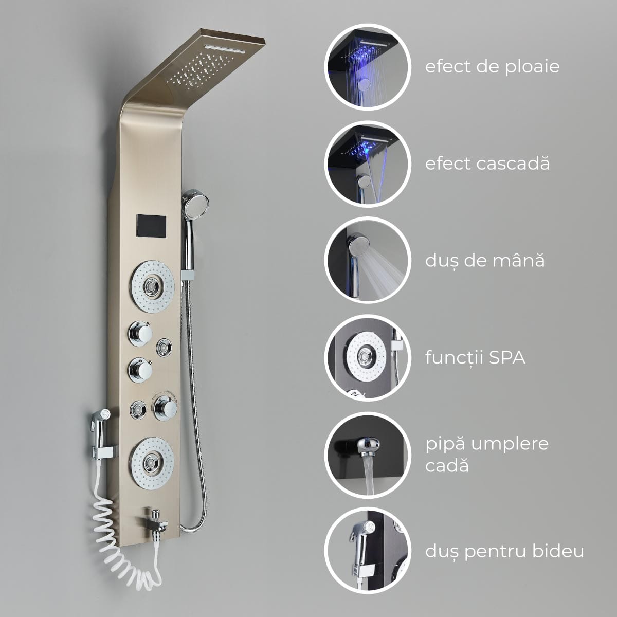Panel de Dus cu LED, cu efect de ploaie si jeturi cu masaj