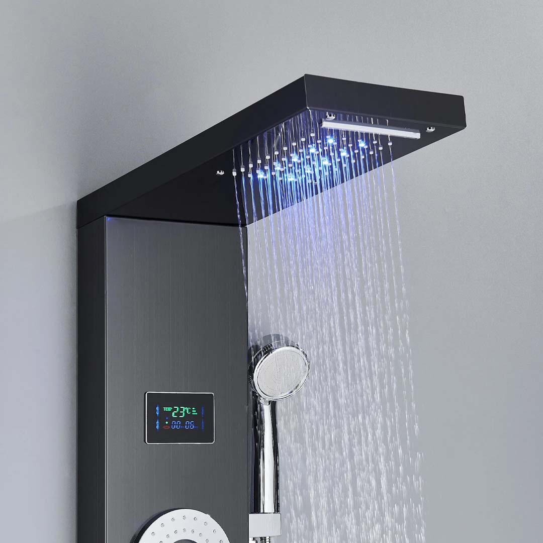 Panel de Dus cu LED, efect de ploaie si jeturi cu masaj, negru