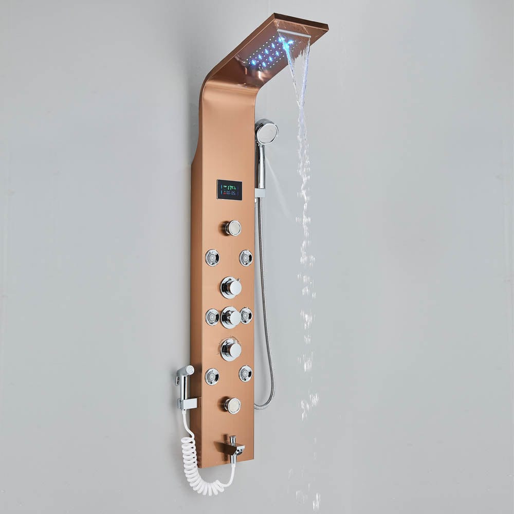 Panel dus, model auriu rose cu pipa, afisaj digital, dus bideu, LED si functii SPA, 128 cm