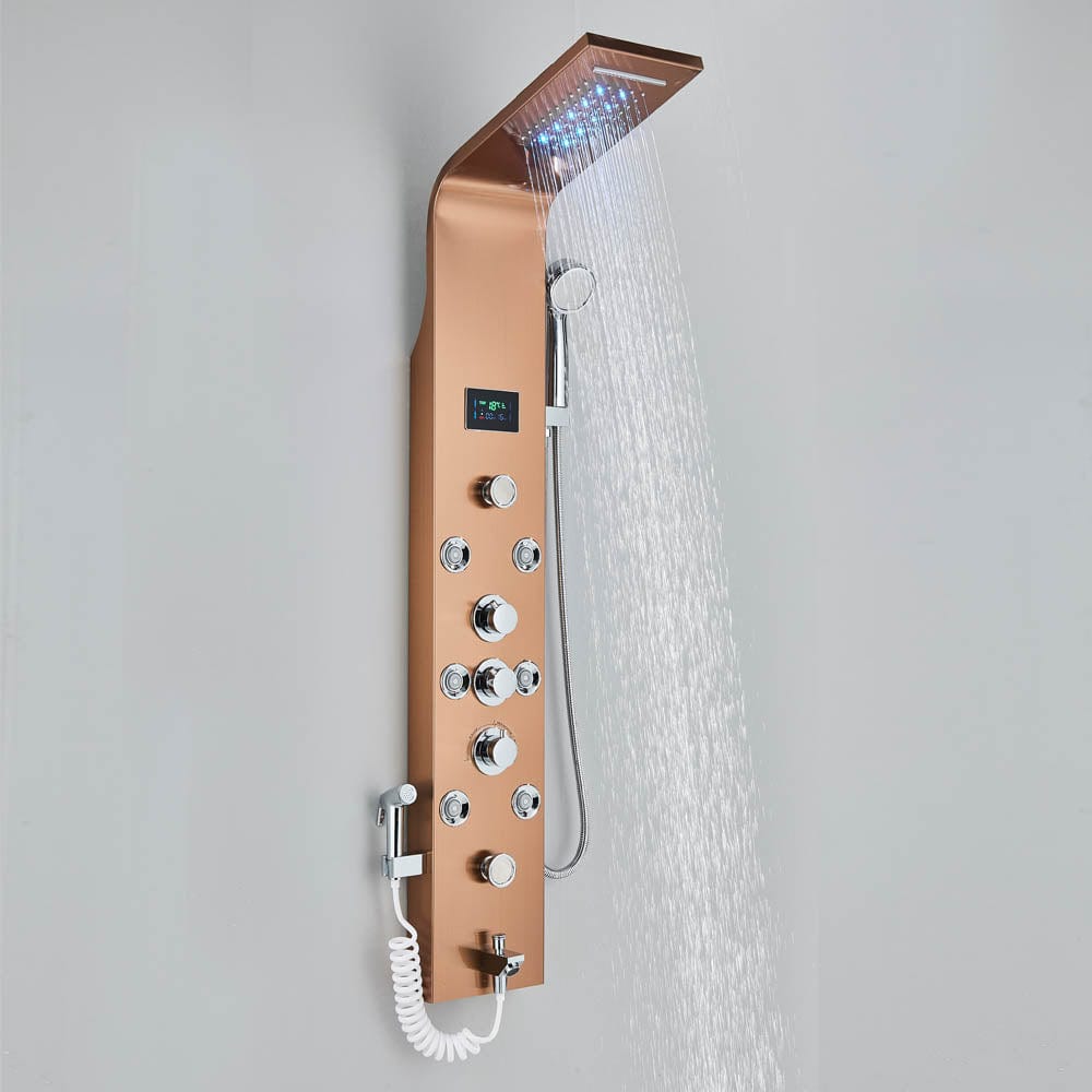 Panel dus, model auriu rose cu pipa, afisaj digital, dus bideu, LED si functii SPA, 128 cm