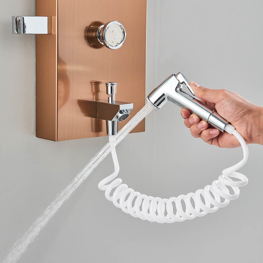 Panel dus, model auriu rose cu pipa, afisaj digital, dus bideu, LED si functii SPA, 128 cm