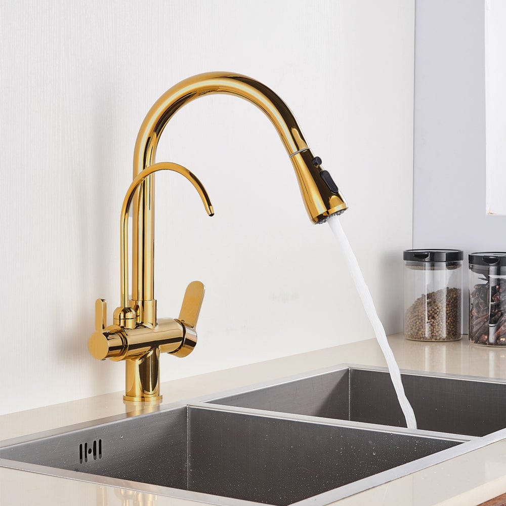 Set Baterie de bucatarie cu 3 cai, auriu lucios, cu 2 functii de curgere si dus extractibil + Filtru de apa Aquator Family