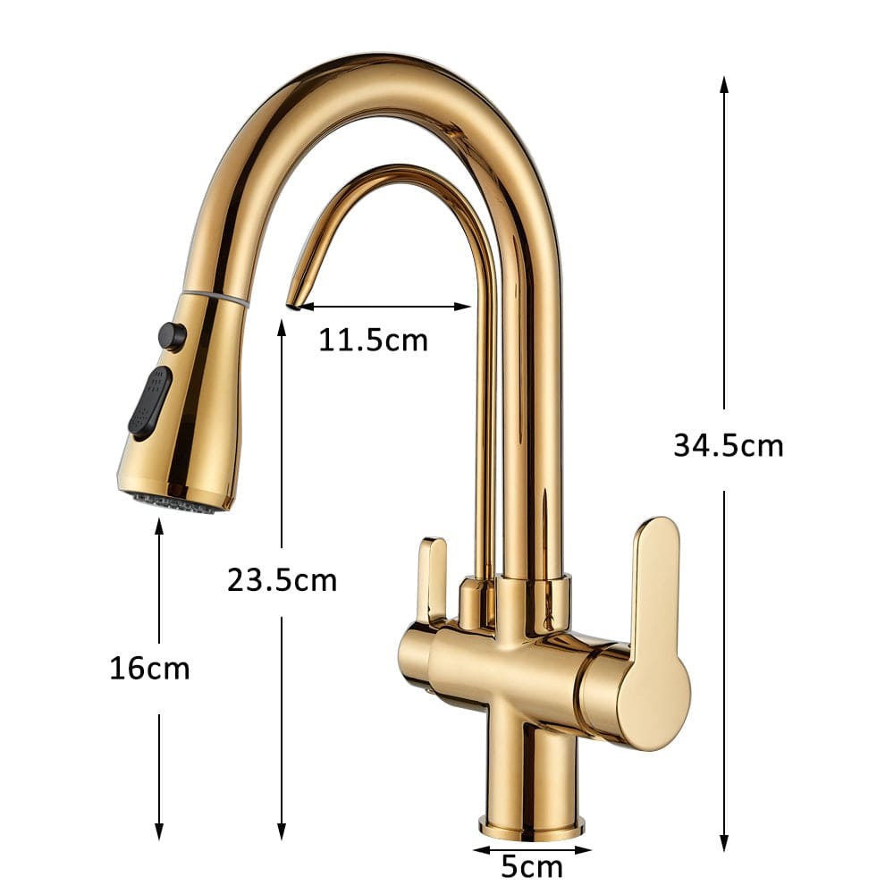 Set Baterie de bucatarie cu 3 cai, auriu lucios, cu 2 functii de curgere si dus extractibil + Filtru de apa Aquator Family