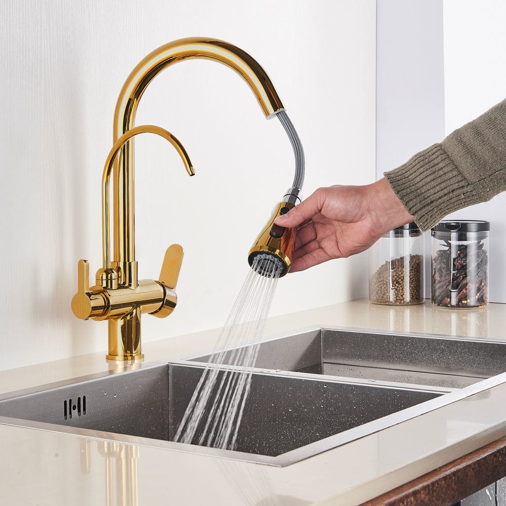 Set Baterie de bucatarie cu 3 cai, auriu lucios, cu 2 functii de curgere si dus extractibil + Filtru de apa Aquator Family