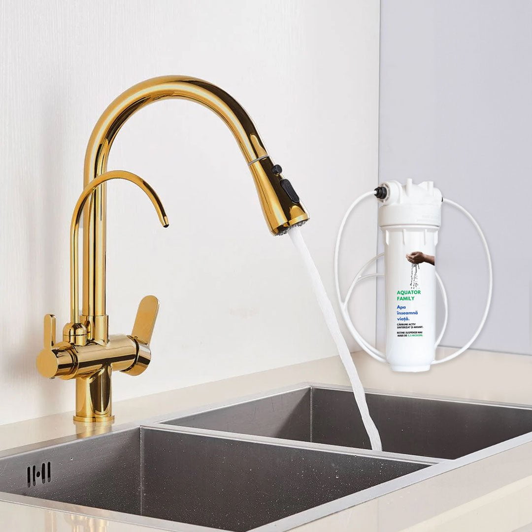 Set Baterie de bucatarie cu 3 cai, auriu lucios, cu 2 functii de curgere si dus extractibil + Filtru de apa Aquator Family