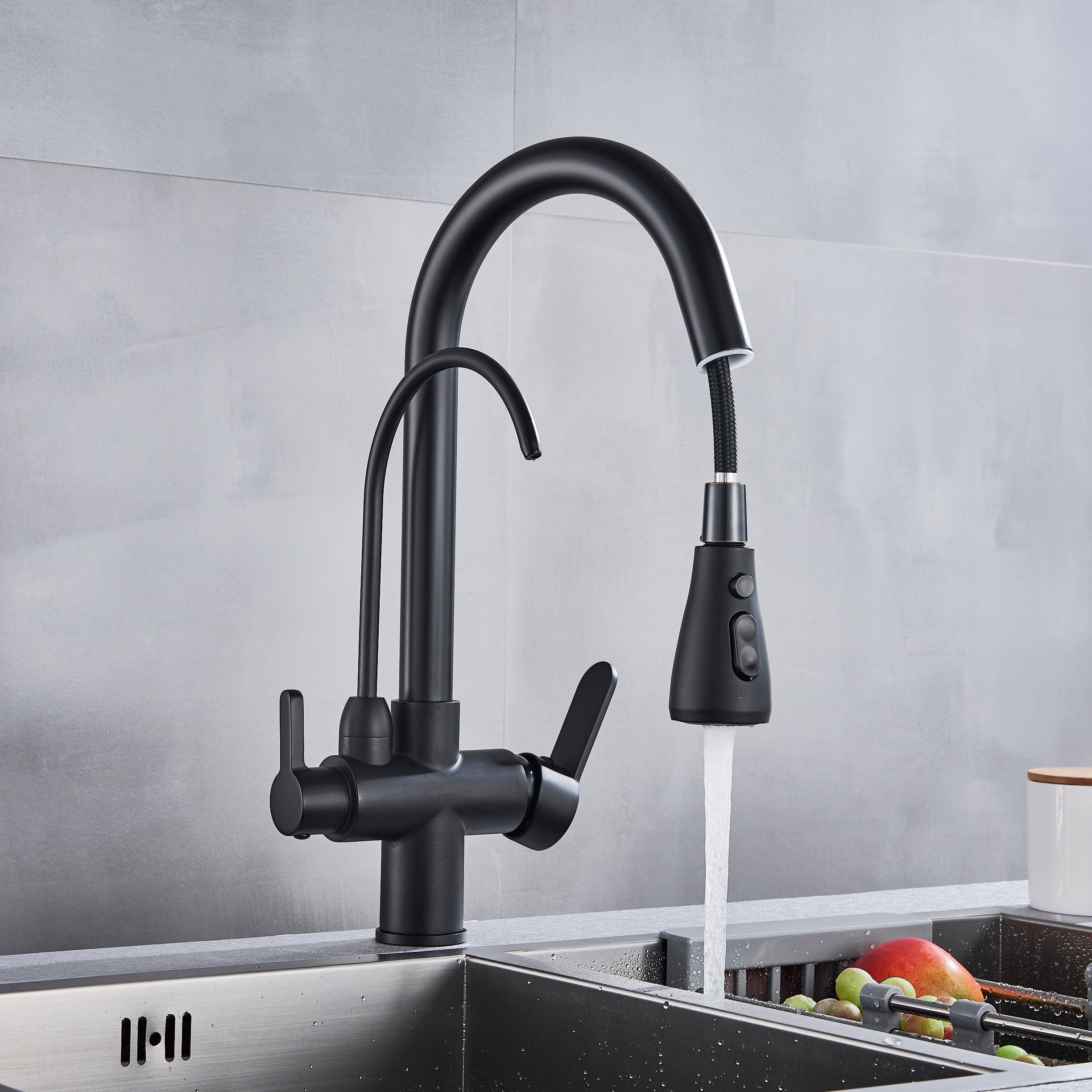 Set Baterie de bucatarie cu 3 căi, negru mat, cu 2 funcții de curgere și duș extractibil + Dozator detergent