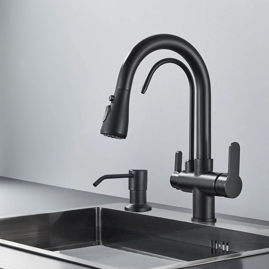 Set Baterie de bucatarie cu 3 căi, negru mat, cu 2 funcții de curgere și duș extractibil + Dozator detergent