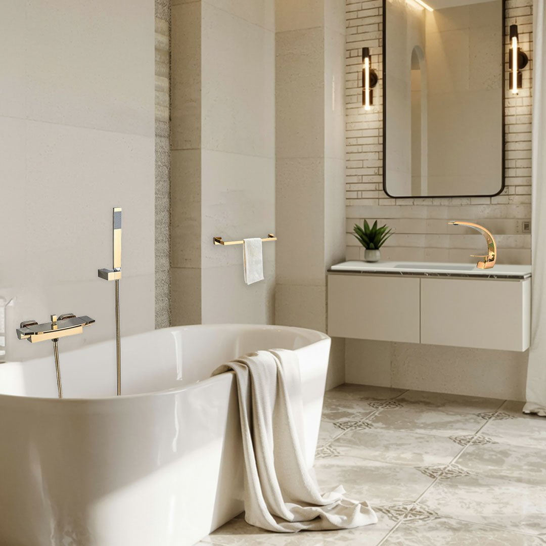 Set Baterie de cadă cu cascadă și duș de mână + Bateria pentru lavoar, curbata in forma de C + accesorii baie, auriu lucios