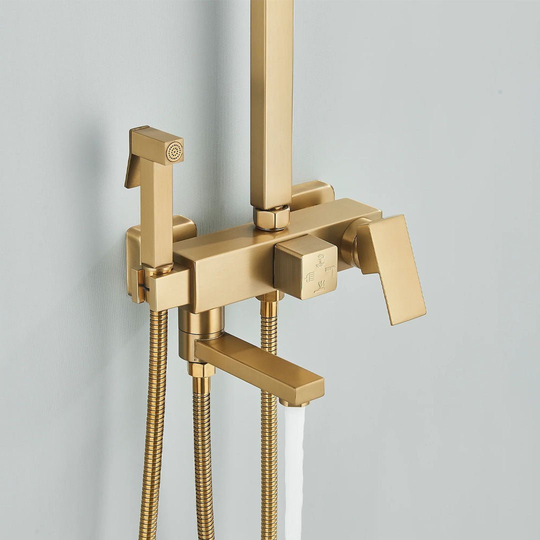 Set Coloana Dus, auriu mat, cu efect de ploaie, para dus 25 cm, 4 functii de curgere + Baterie lavoar