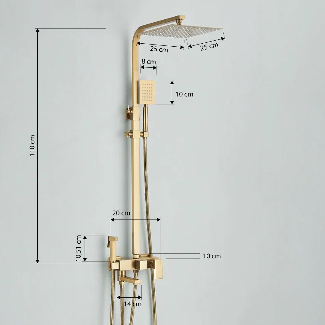 Set Coloana Dus, auriu mat, cu efect de ploaie, para dus 25 cm, 4 functii de curgere + Baterie lavoar