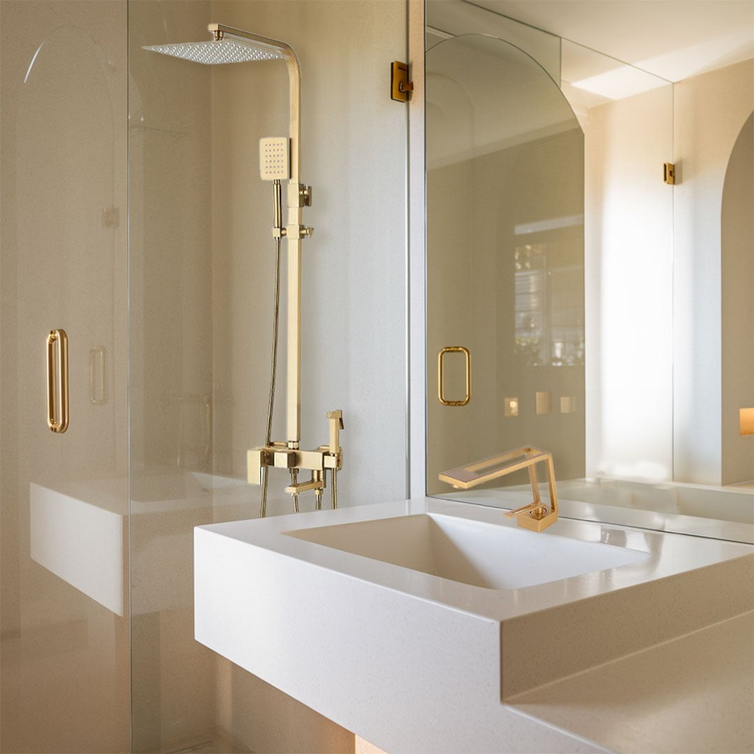 Set Coloana Dus, auriu mat, cu efect de ploaie, para dus 25 cm, 4 functii de curgere + Baterie lavoar