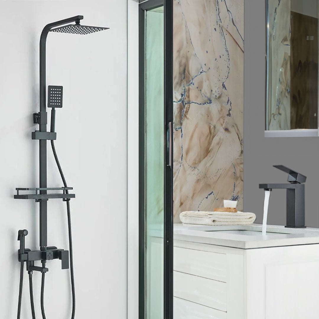 Set Coloana Dus, negru mat, cu efect de ploaie, para dus 25 cm, 4 functii de curgere + Baterie lavoar