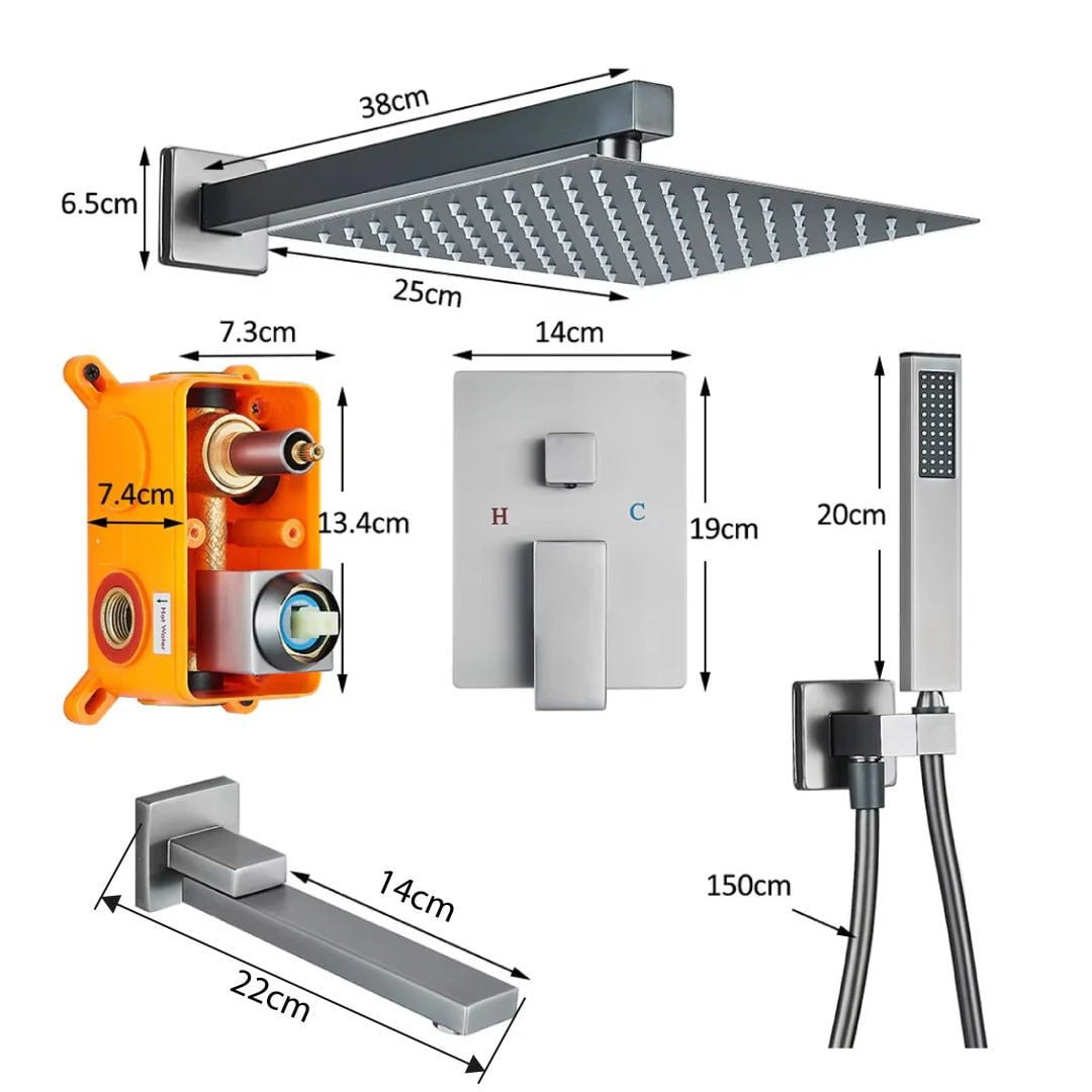 Set de duș cu pară pătrată 25 cm, gri antracit, 3 funcții de curgere a apei