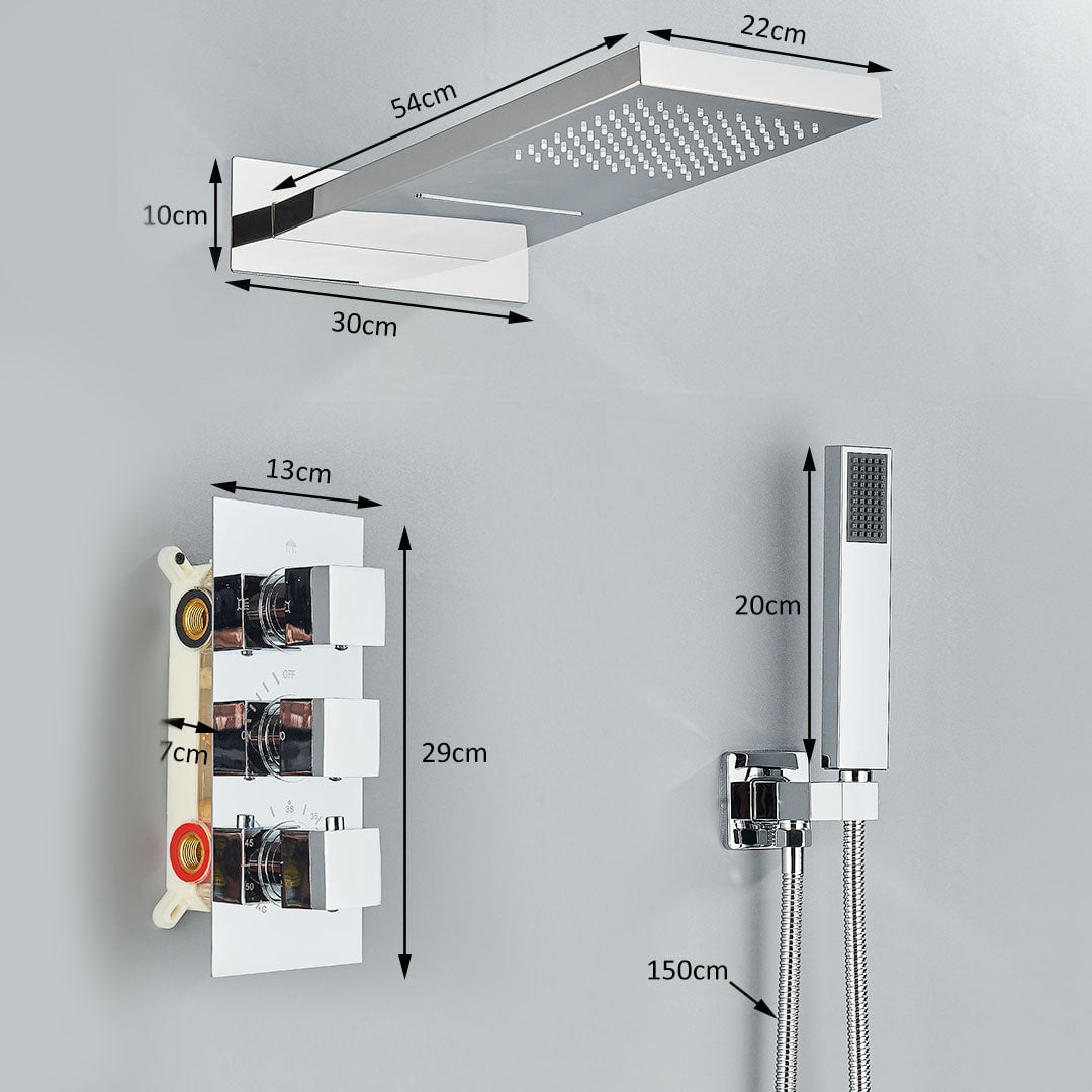 Set de duș cu pară tip cascadă, cu termostat, argintiu lucios, 3 funcții de curgere a apei