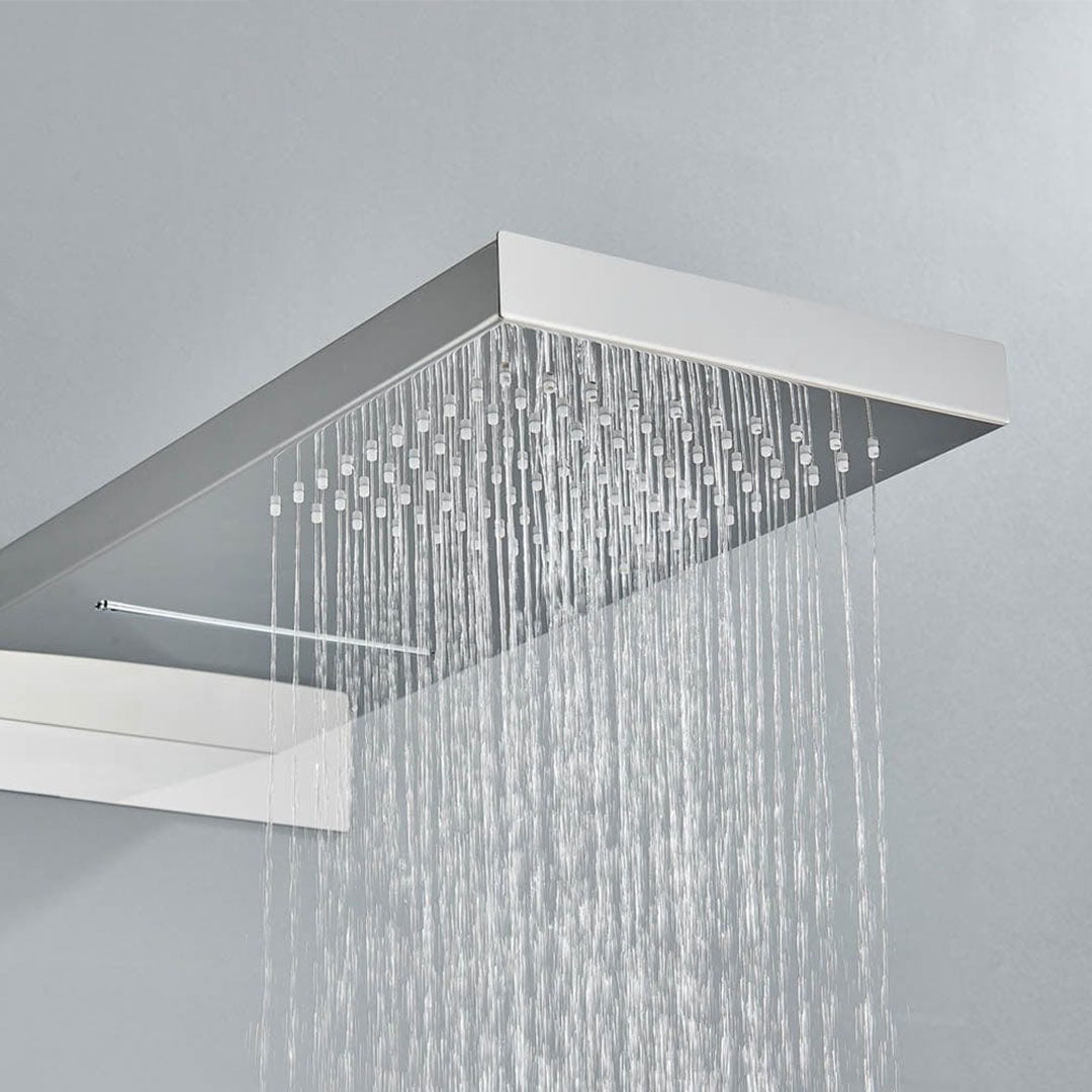 Set de duș cu pară tip cascadă, cu termostat, argintiu lucios, 3 funcții de curgere a apei
