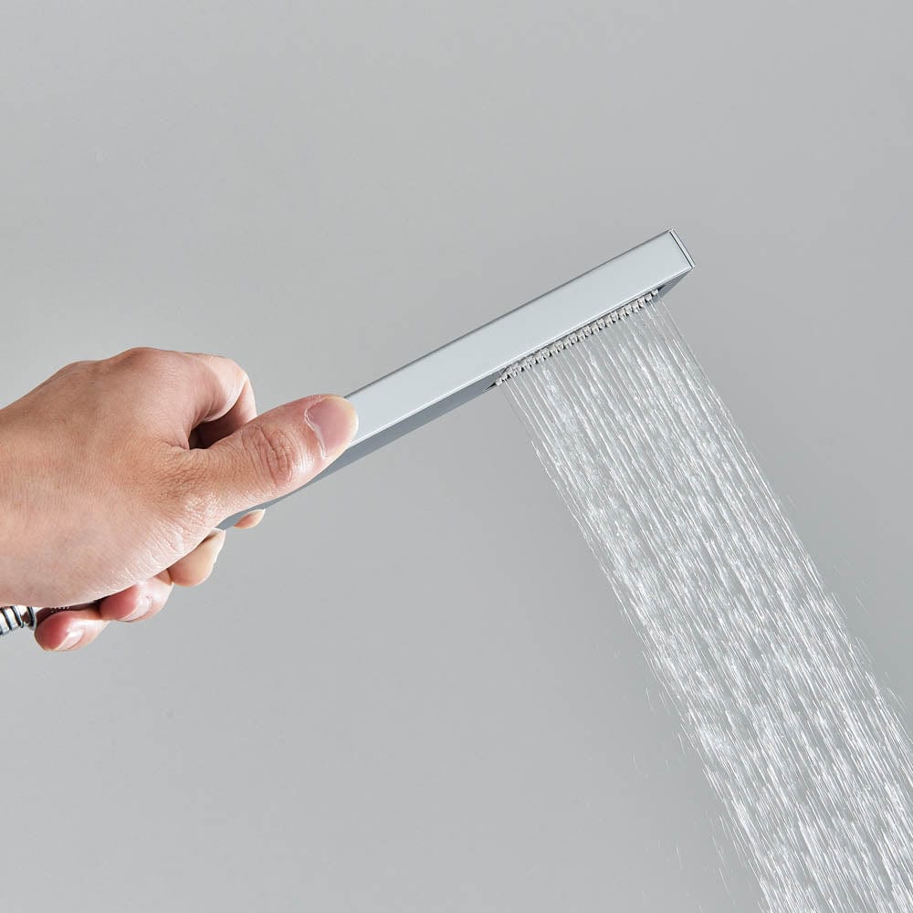 Set de duș cu pară tip cascadă, cu termostat, argintiu lucios, 3 funcții de curgere a apei
