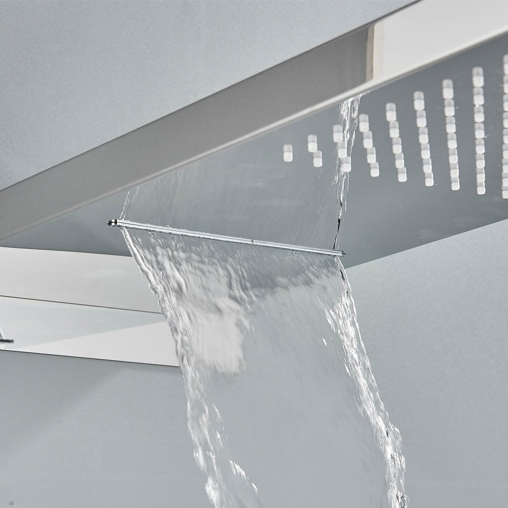 Set de duș cu pară tip cascadă, cu termostat, argintiu lucios, 3 funcții de curgere a apei