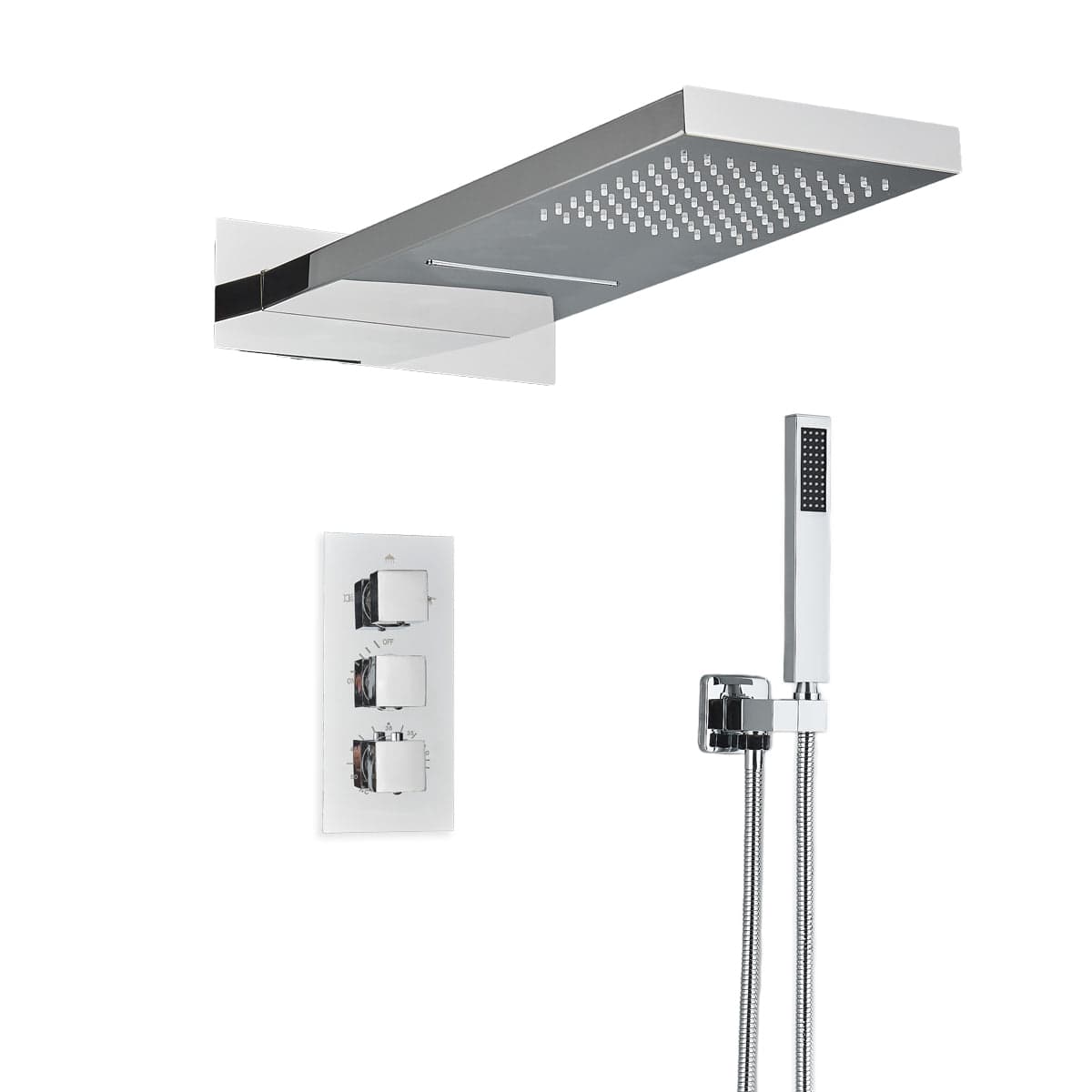 Set de duș cu pară tip cascadă, cu termostat, argintiu lucios, 3 funcții de curgere a apei