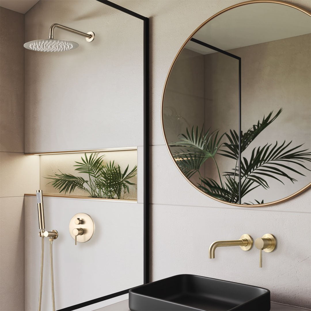 Set de dus auriu nichelat cu para rotunda tip ploaie 25 cm + Baterie lavoar Stev aurie