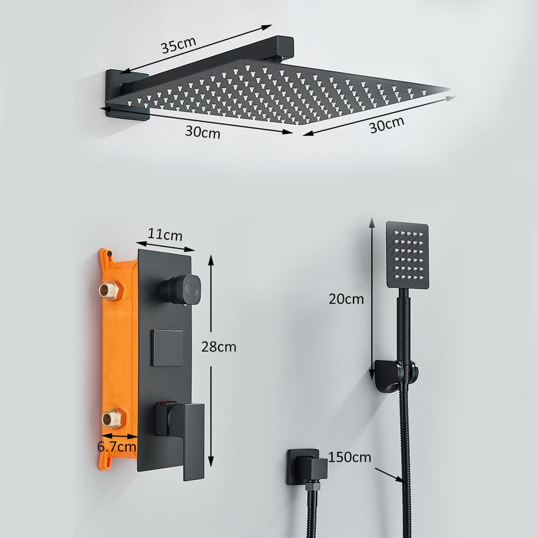 Set de dus cu para patrata de 30 cm, afisaj digital cu LED, negru mat