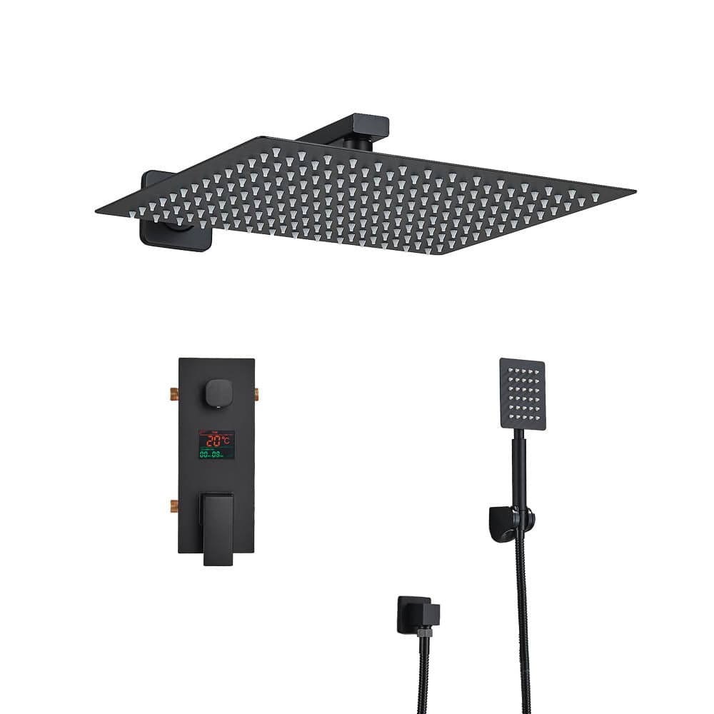 Set de dus cu para patrata de 30 cm, afisaj digital cu LED, negru mat