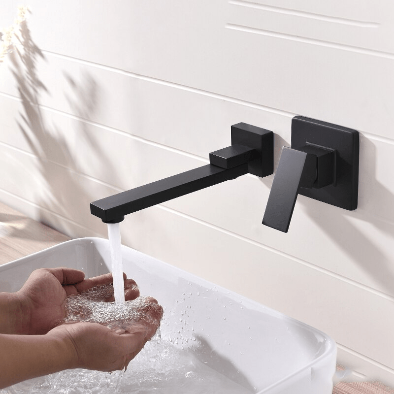 Set de dus cu para patrata de 40 cm, negru mat + Baterie de lavoar incastrata