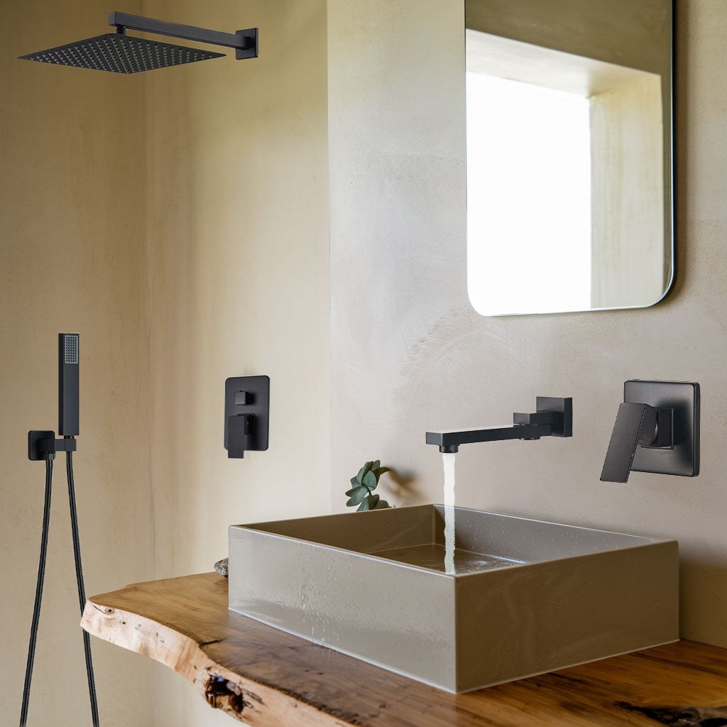 Set de dus cu para patrata de 40 cm, negru mat + Baterie de lavoar incastrata