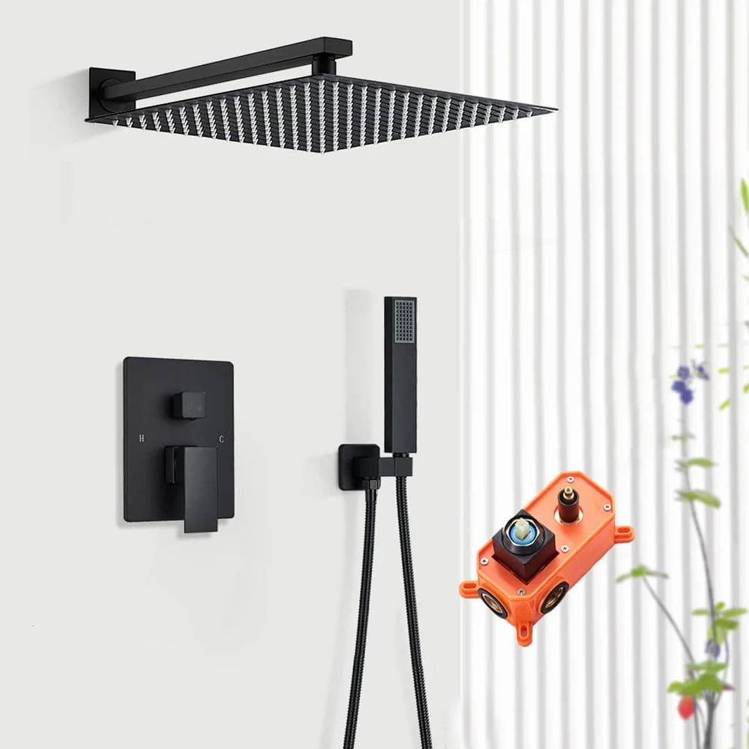 Set de dus cu para patrata de 40 cm, negru mat, cu 2 functii de curgere a apei