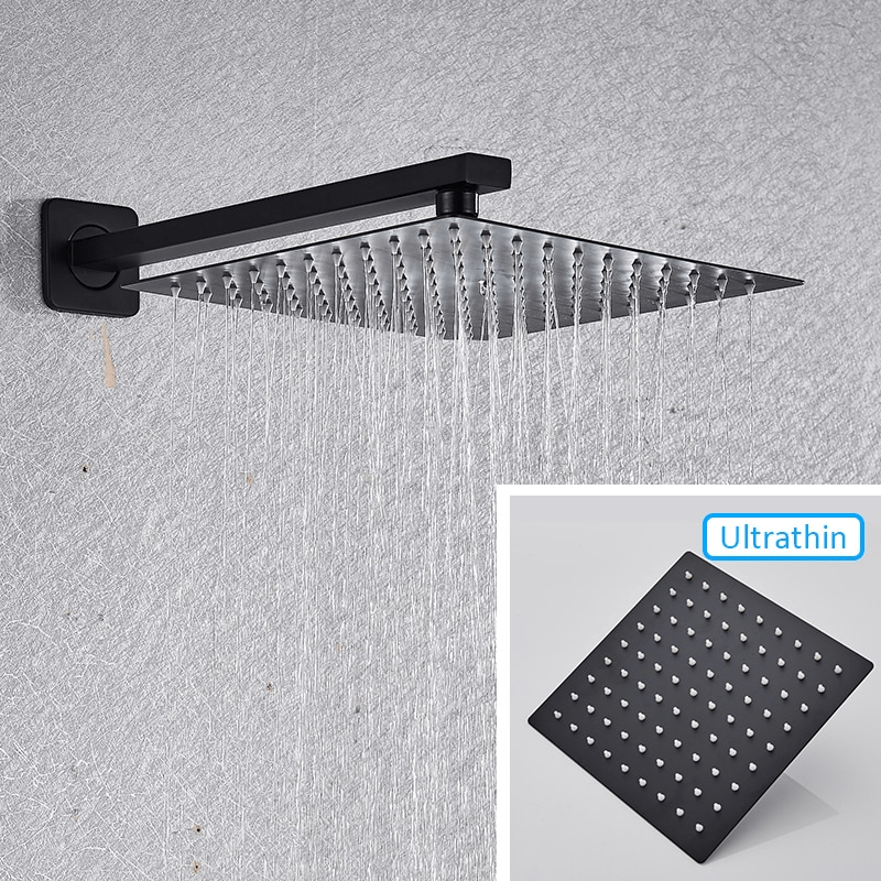 Set de dus cu para patrata de 40 cm, negru mat, cu 2 functii de curgere a apei