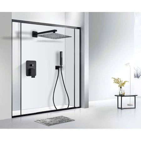 Set de dus cu para patrata de 40 cm, negru mat, cu 2 functii de curgere a apei